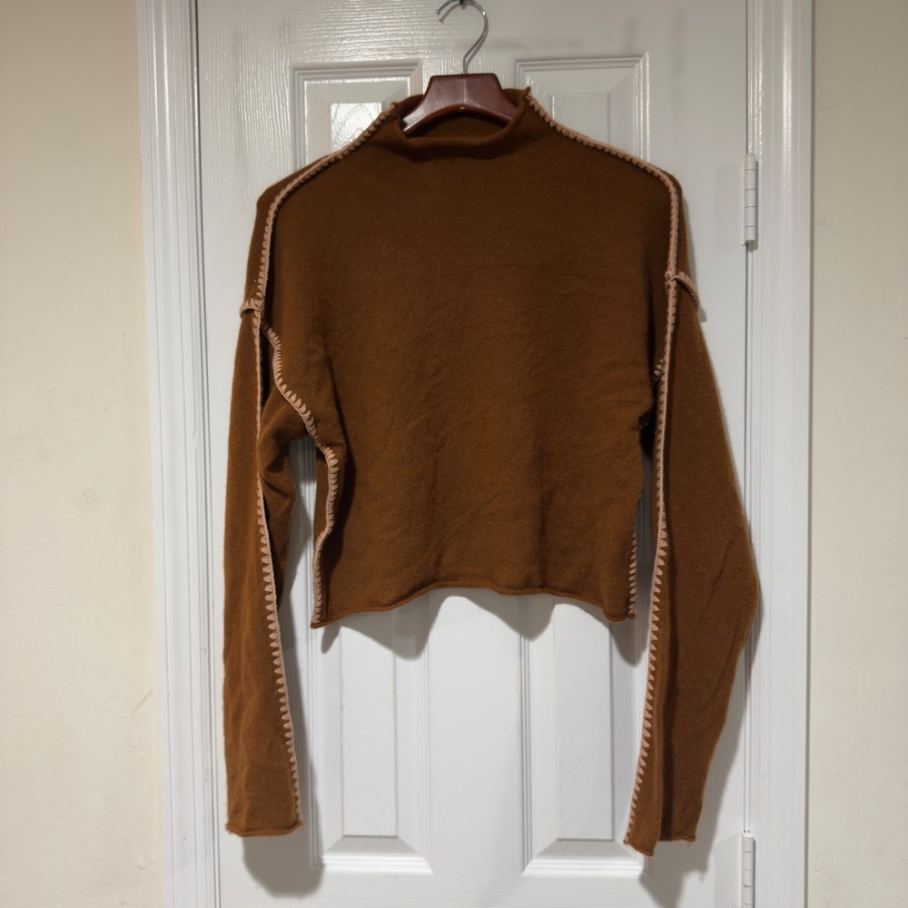 Chan Luu Annie 100% Cashmere Cropped Sweater Brown Whipstitch